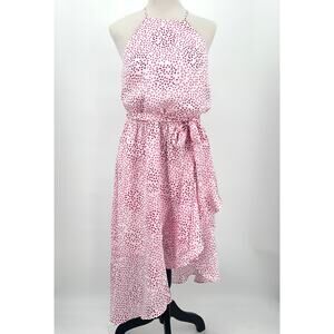Express Halter Mini Dress Polka Dot Print Size M Pink & White Belted Flowy Party